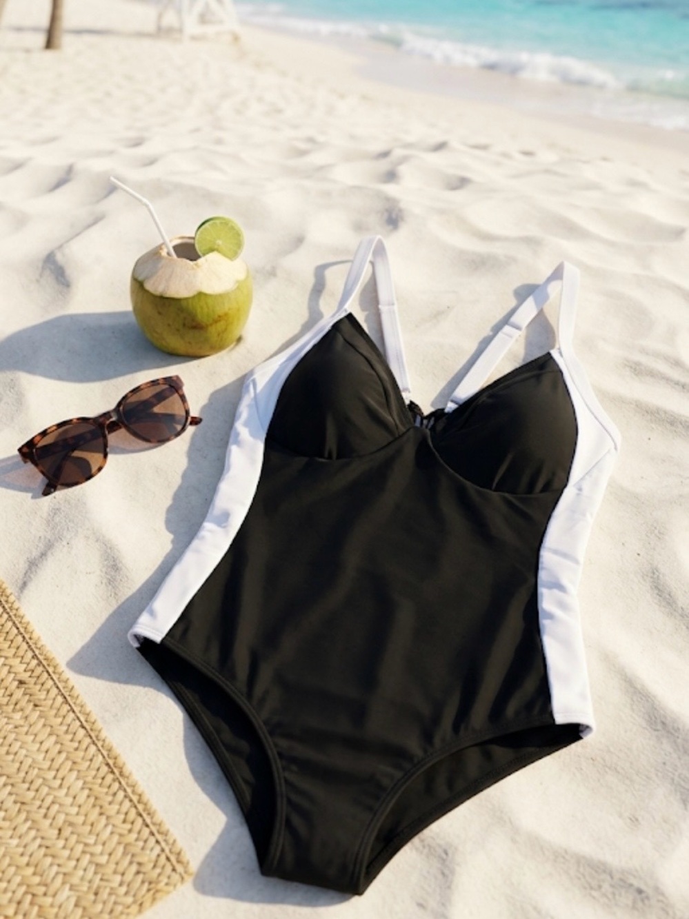 Black & White One-Piece Cinch Waist Swimsuit